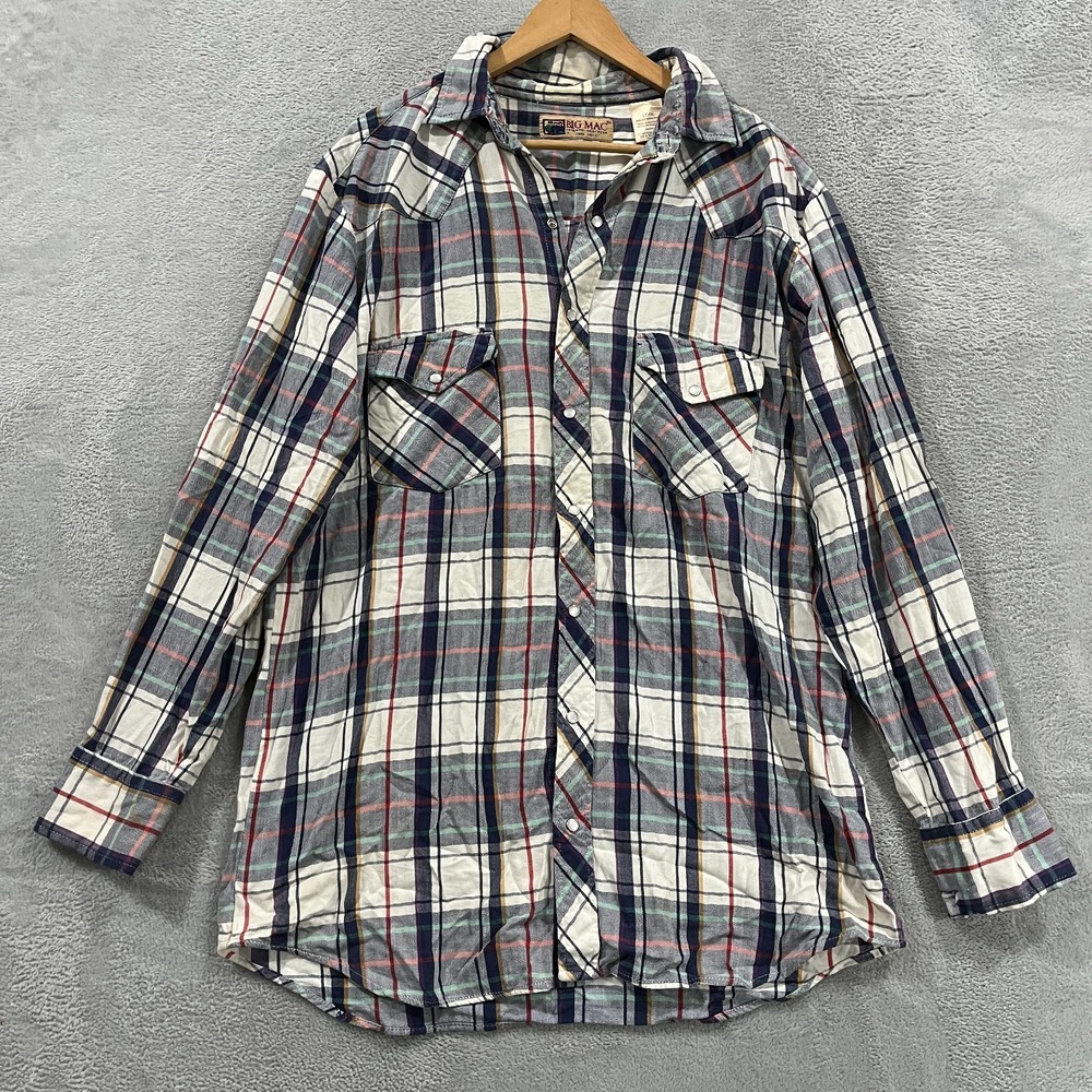 Vintage Big Mac Flannel Shirt L Tall Pearl Snap Workwear Utility Tartan Plaid